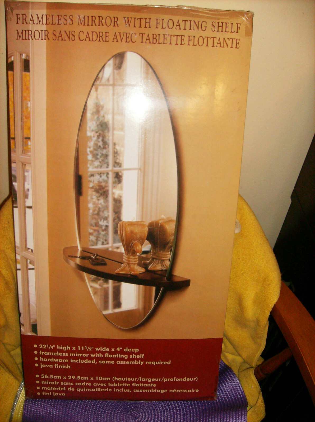 FRAMELESS MIRROR WITH FLOATING SHELF JAVE FINISH 22-1/4″ NEW IN BOX MSRP $156.00