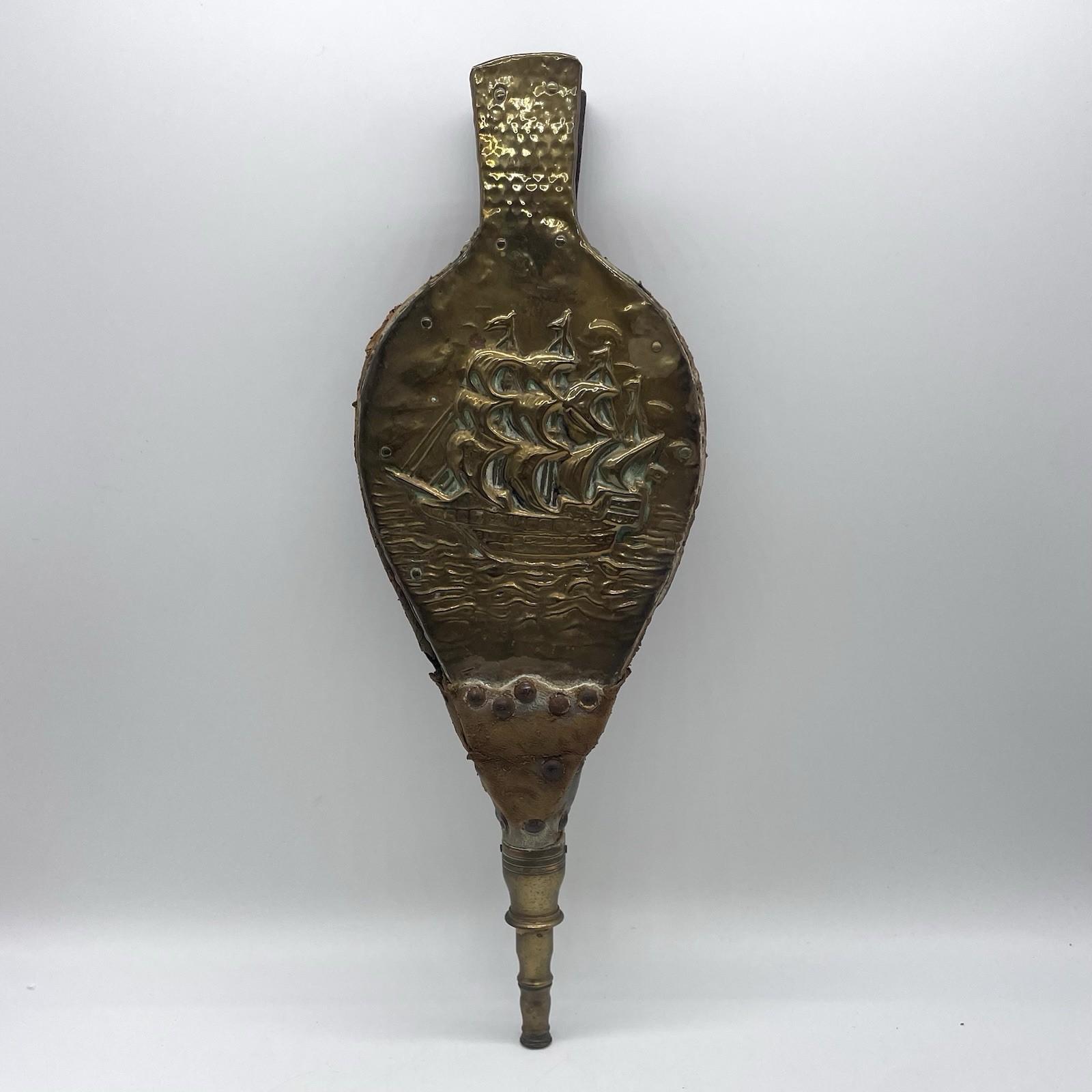 Working Antique Fireplace Bellows Wood Leather Brass Nautical Maritime Ship