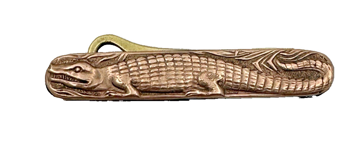 Small Antique Folding Figural Button Hook Alligator or Crocodile Copper & Brass