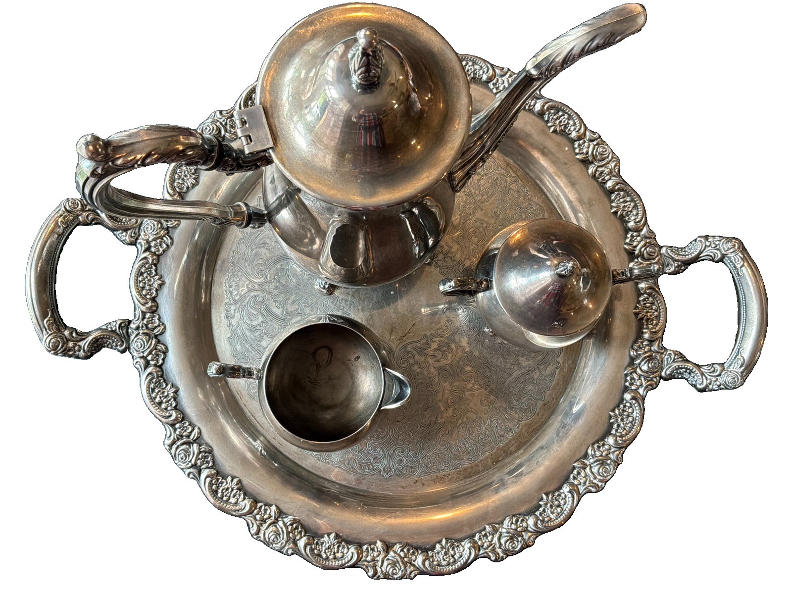 Beautiful Vintage Silverplate Coffee Tea Service Set Tray Oneida USA 4 Pc Heavy