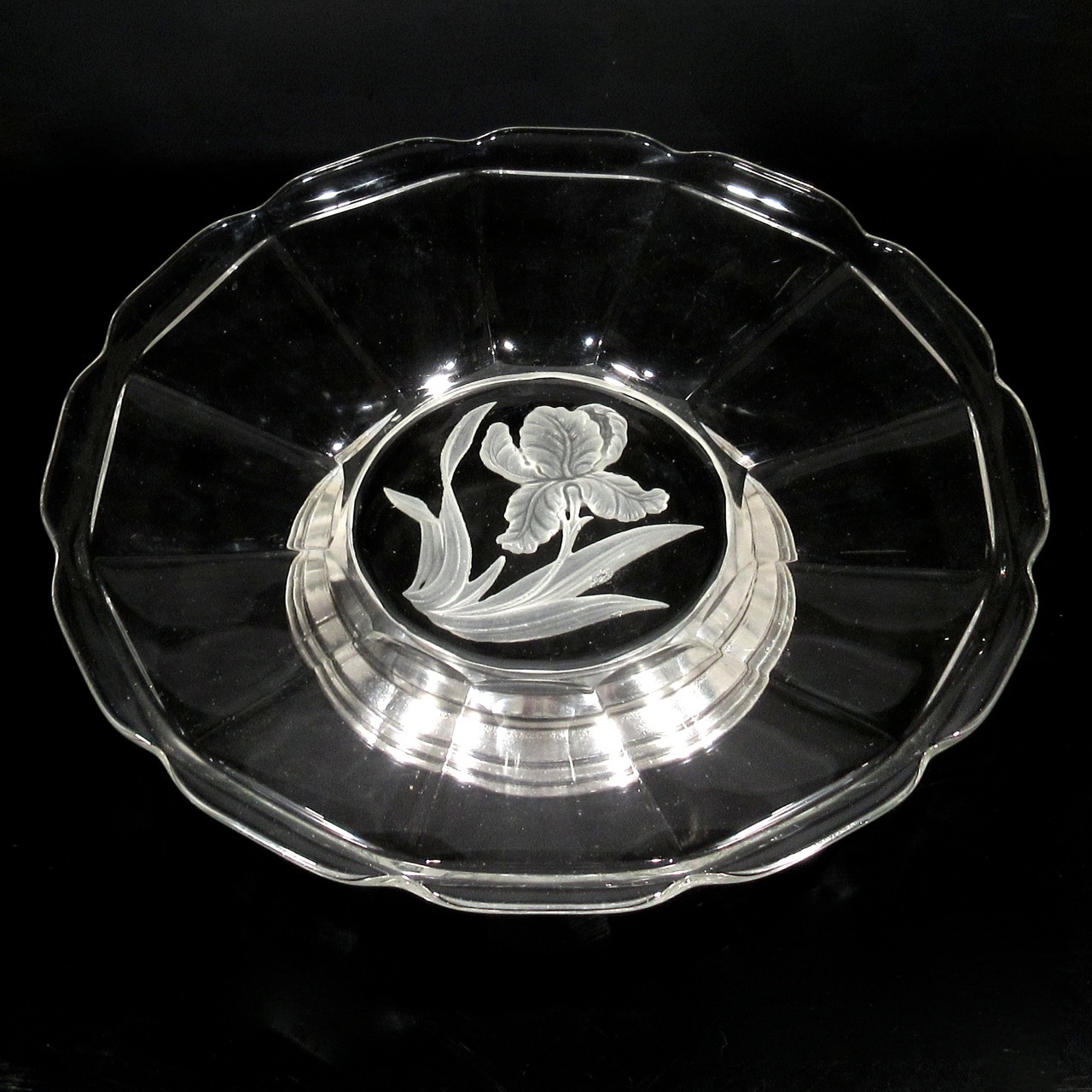 Vintage French Art Deco Silver Plate and Glass Footed Dish Platter, Iris