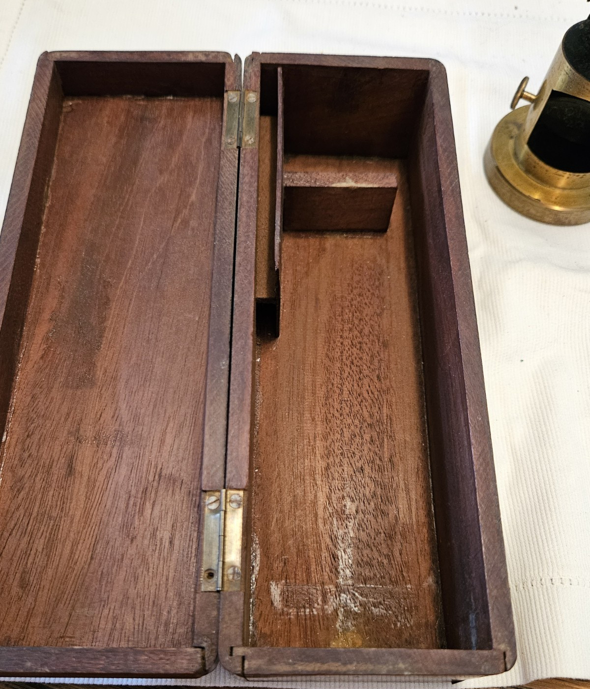 Antique Brass Field Microscope Mid 1800’s Simple Style Wood Box Glass Len Intact