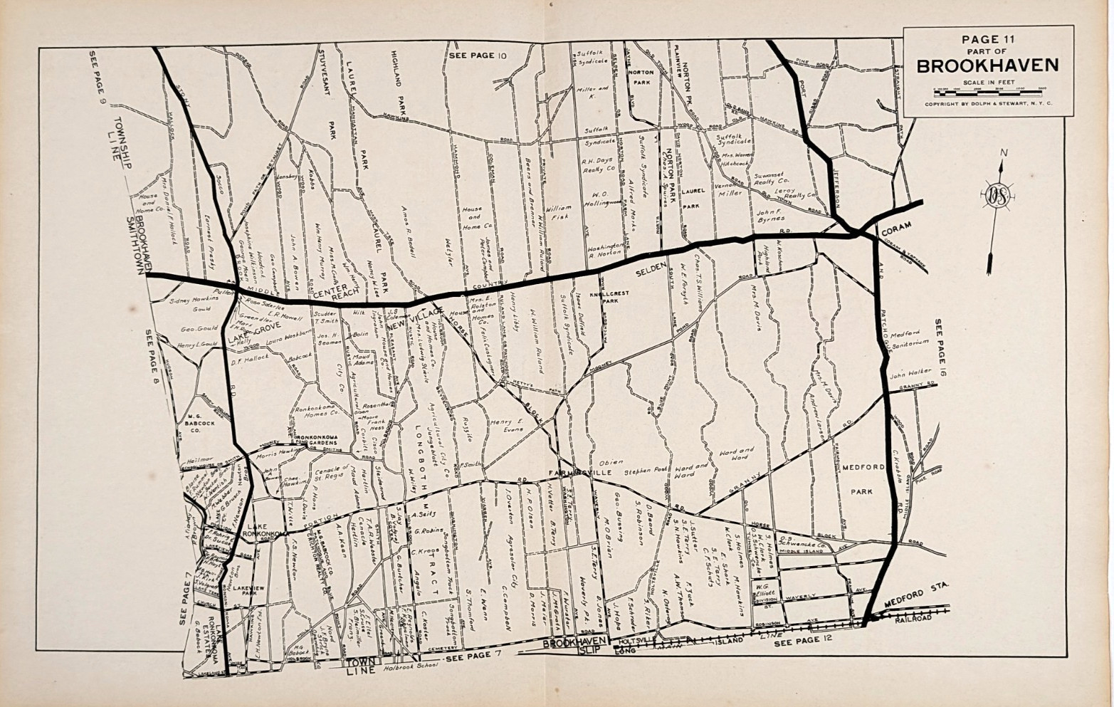 1929 MEDFORD BROOKHAVEN – Long Island Map SUFFOLK County LARGE ORIGINAL ANTIQUE