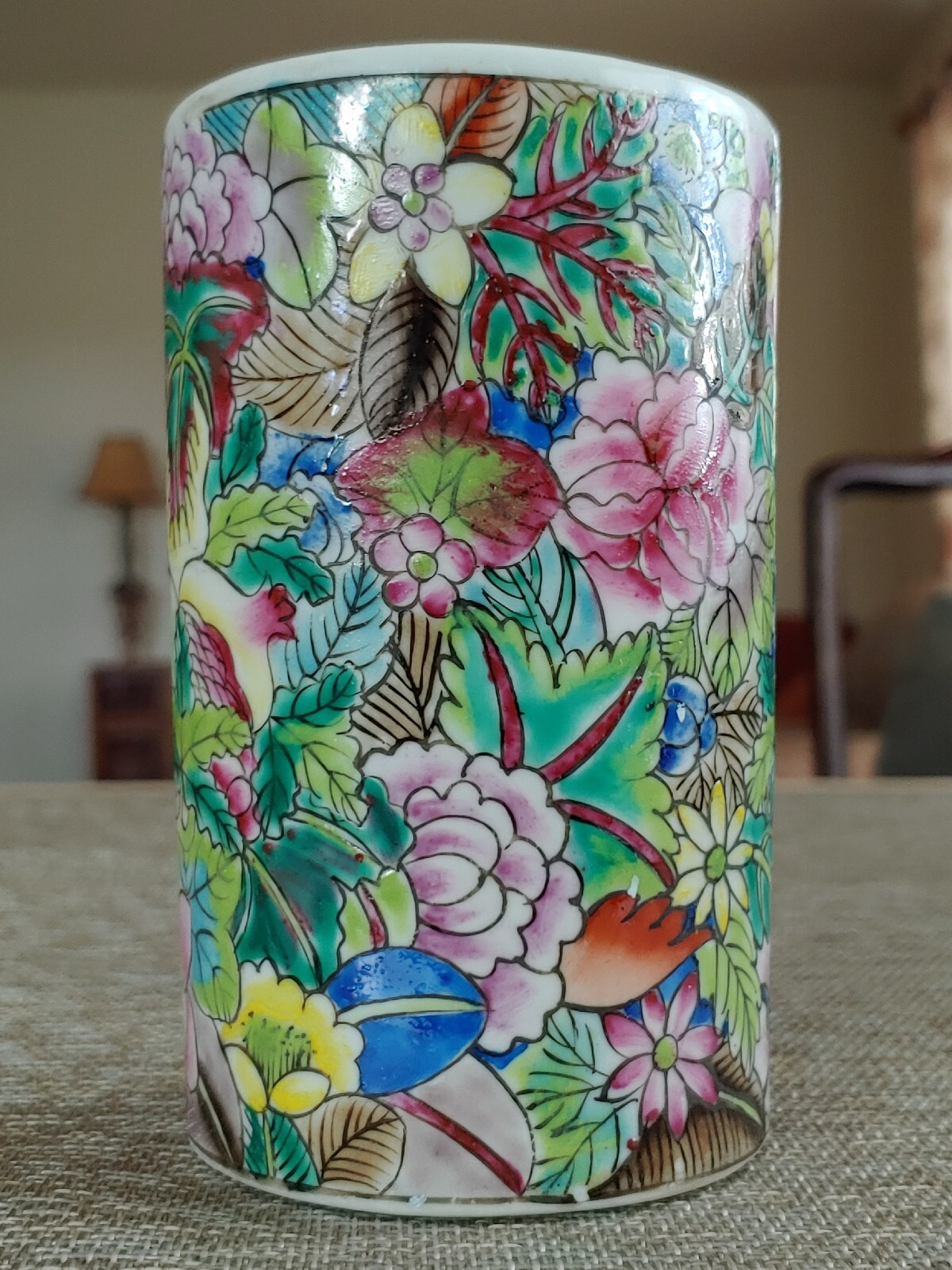 民国手绘粉彩瓷器百花不露地笔筒 Antique China Famille Rose Porcelain Painted Full Flower Art Pot