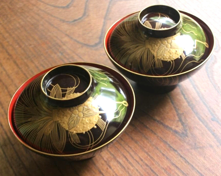 Japanese Wooden Wajima Lacquer Kusudama Maki-e Soup Bowl Owan 2Set W/ Lid φ4.6in