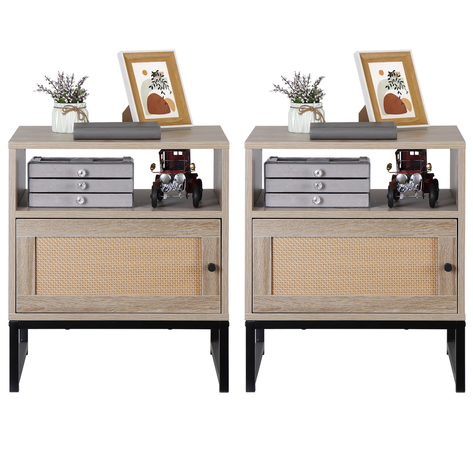 Nightstand Set of 2 Rattan Wood End Side Accent Table w/Storage and Metal Legs