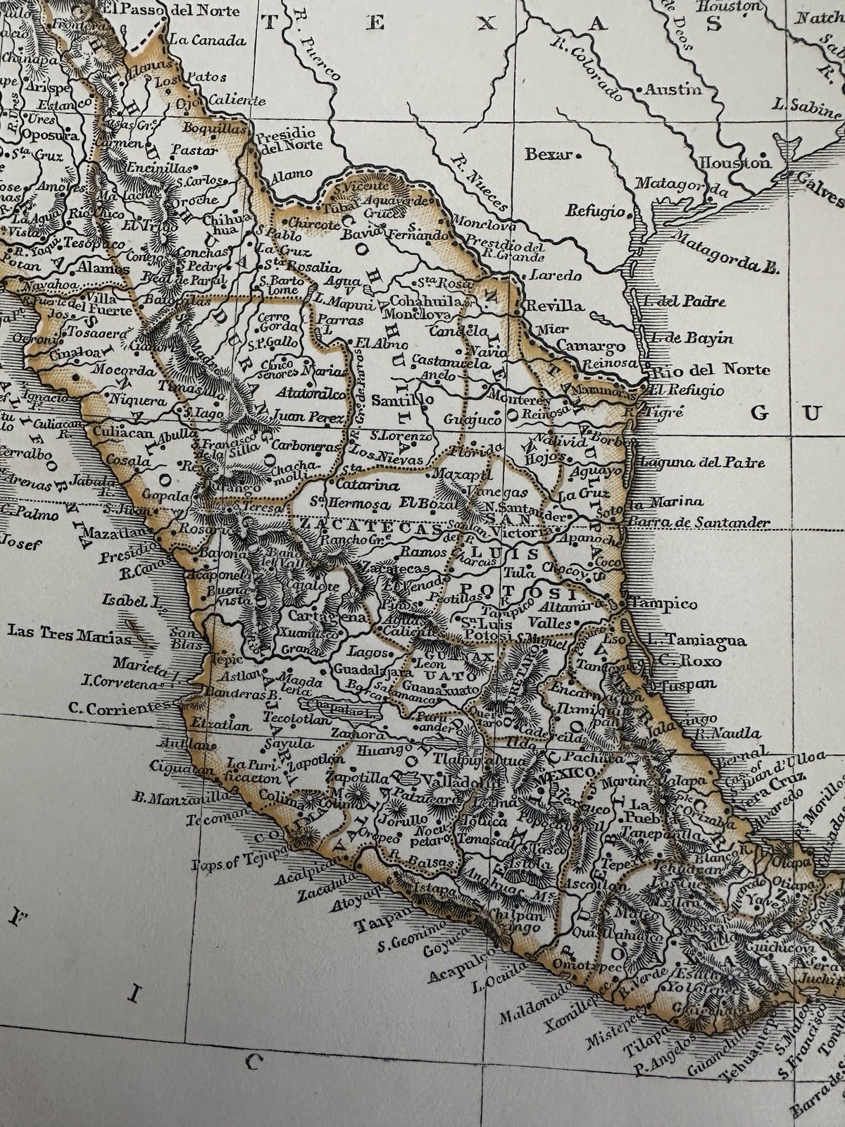 Mexico Baja California to Yucatán Gulf of Mexico 1850 cerographic color map