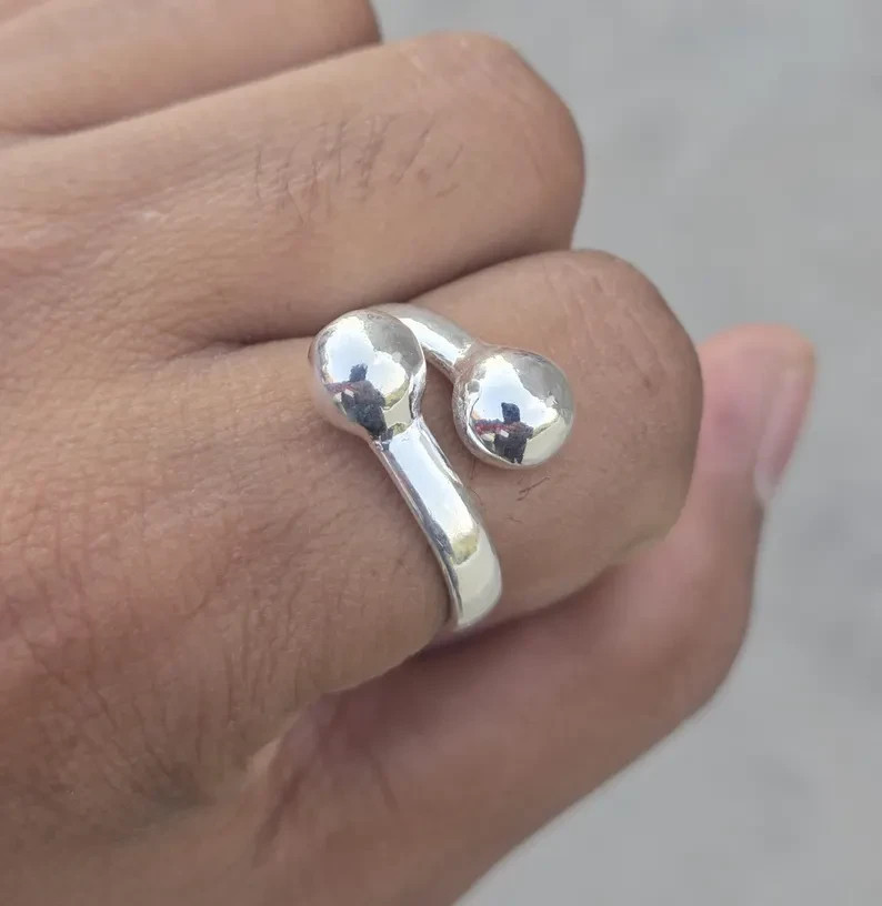 Minimalist Sterling Silver Open Ring with Ball Ends Adjustable Silver Band Ring