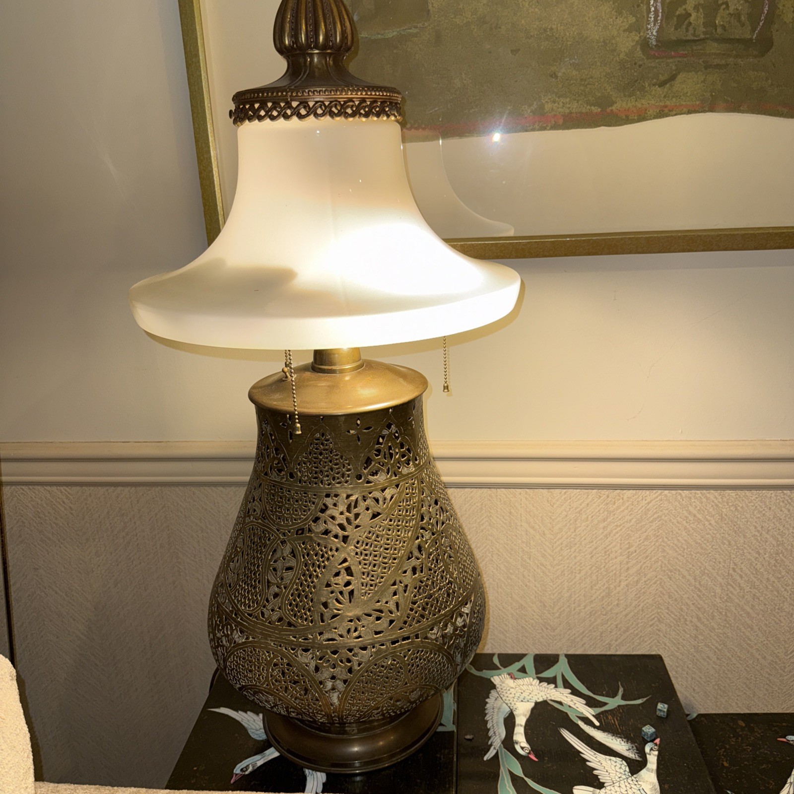Large Brass Lamp White Glass Shade 30”tall x 16 wide 3 bulbs plus one in lamp