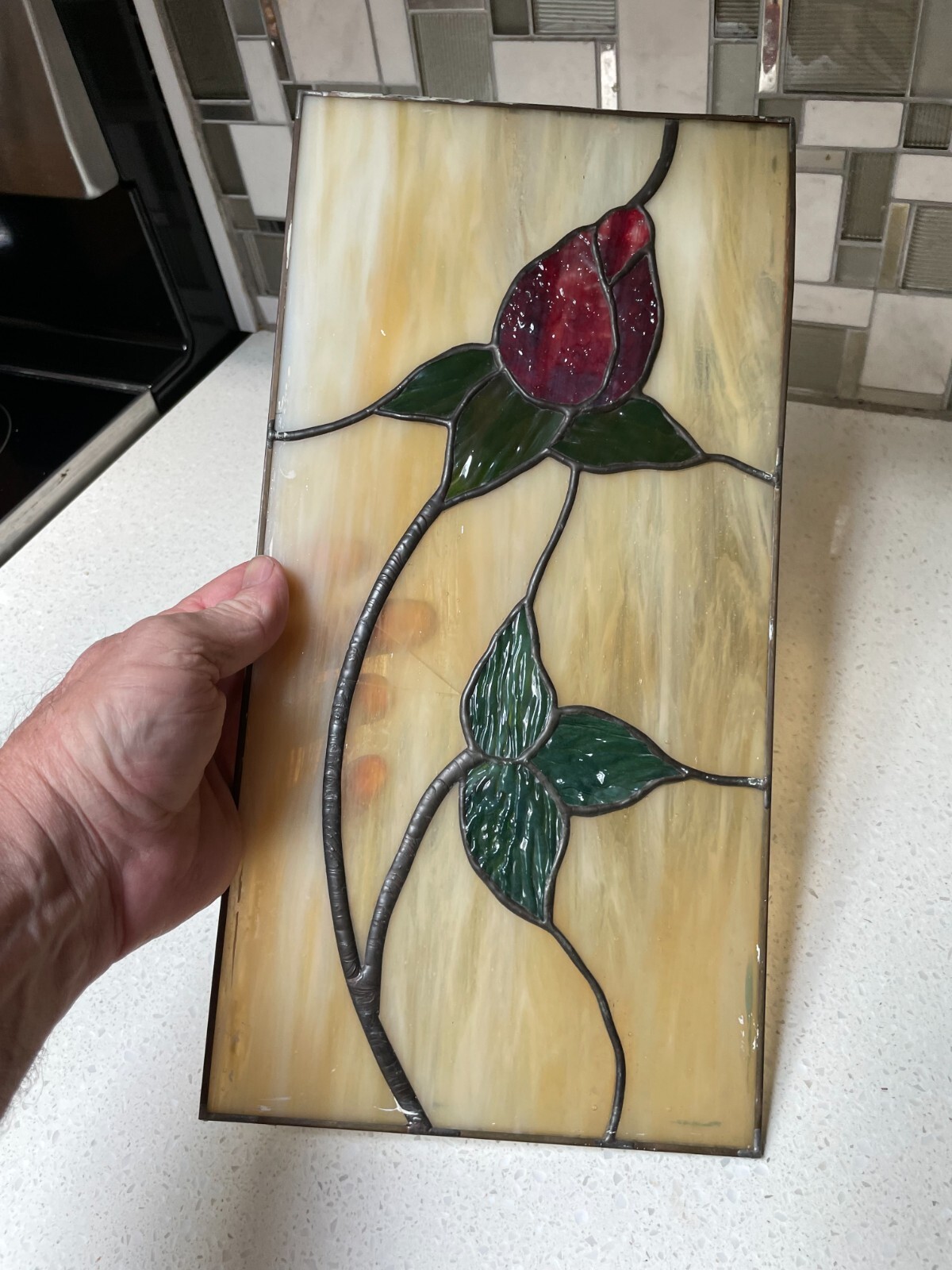 7.5″ x 14.75″ Rosebud Stem Leaded Stain Glass Panel – crack on one pane