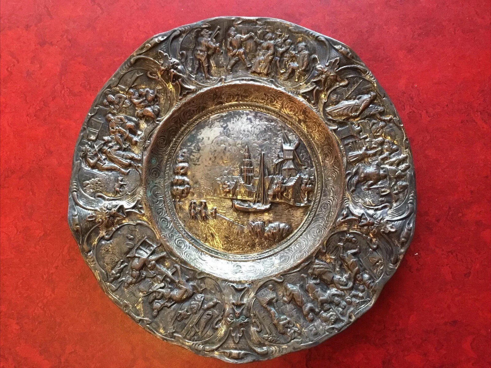 Antique Barbour Bros Co Repousse Silver over Copper Dutch Scene Plate