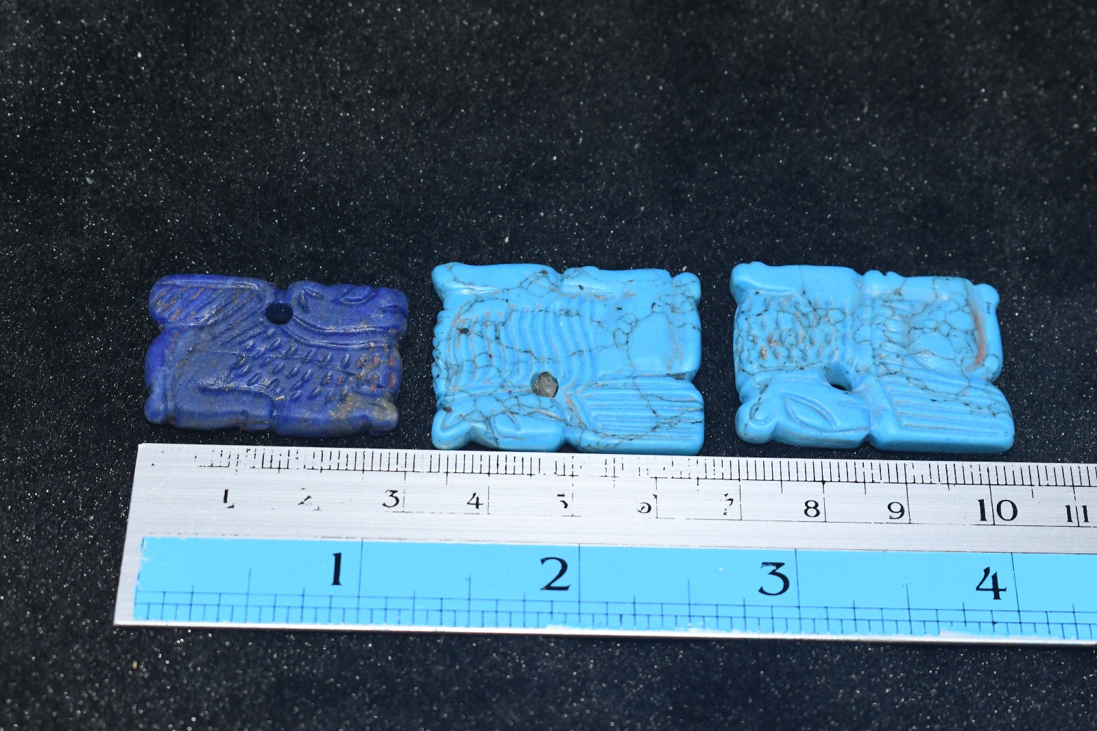3 Ancient Near Eastern Turquoise & Lapis Stone Amulet Carvings in good Condition