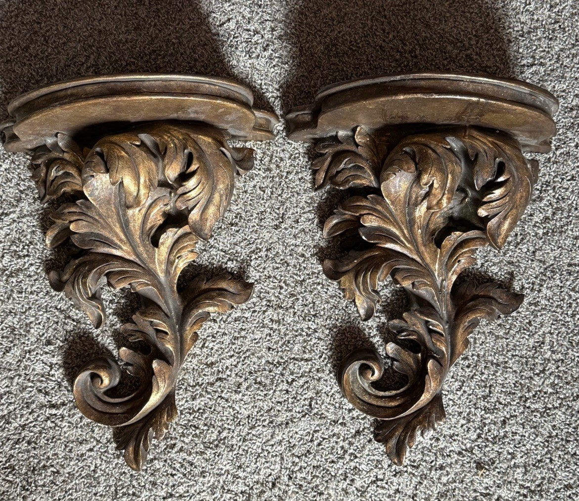 2 Large Vintage Kirkland Plaster Carved Wall Sconce/Shelf Bronze Color 18x15x7