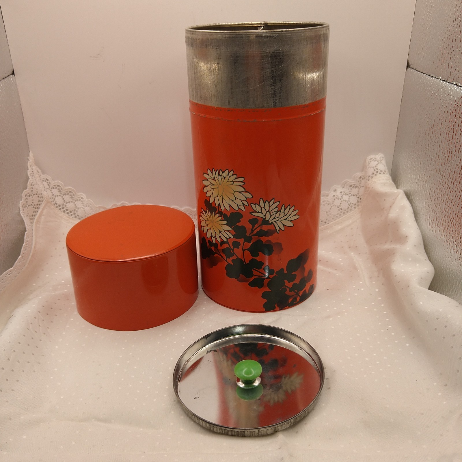 Mid-century Loose Tea Caddy Tin Metal Round Canister w/Lid Orange Japan 3pc