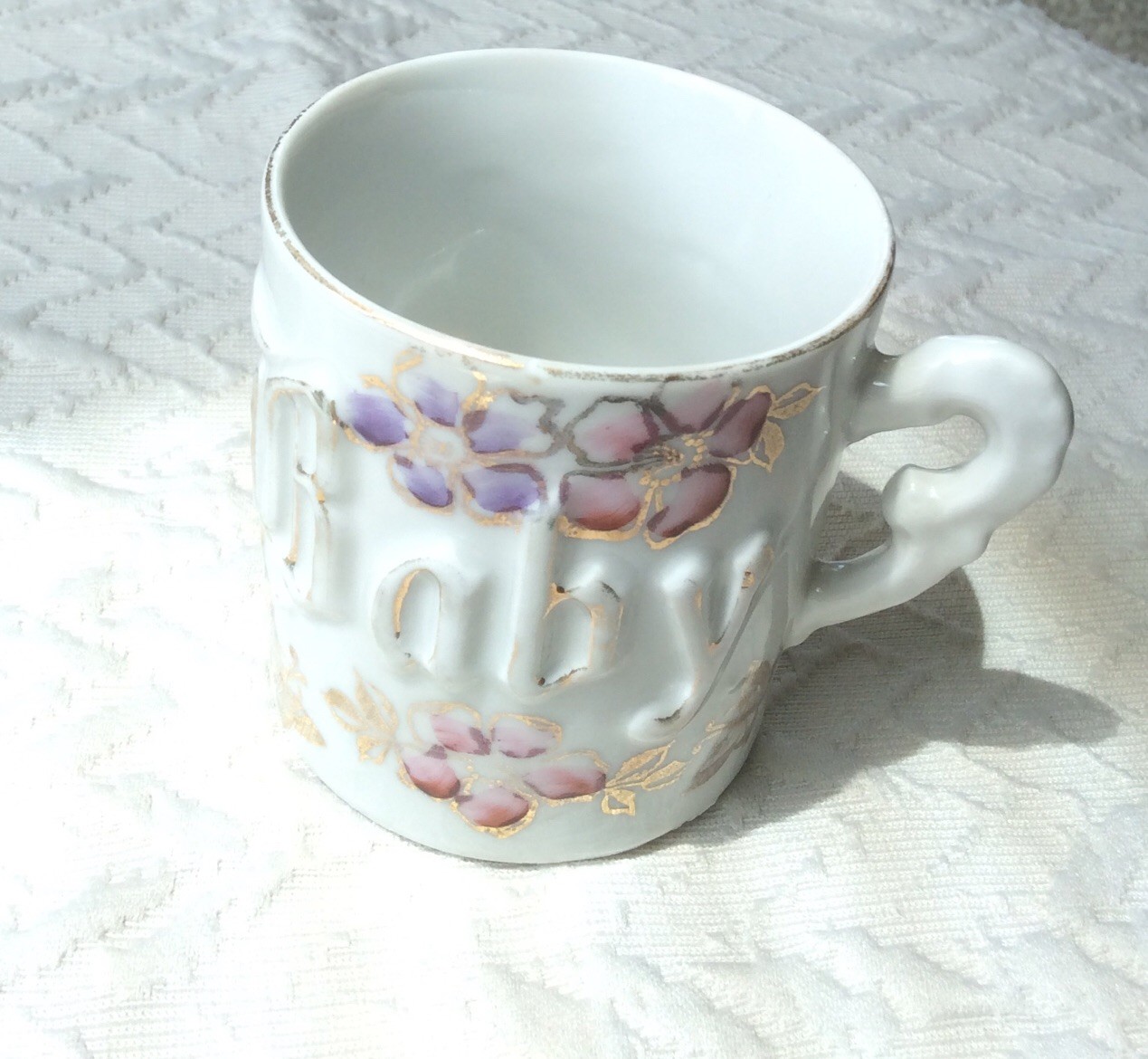 Antique Vintage German Victorian Embossed Baby Mug Cup Floral Butterflies