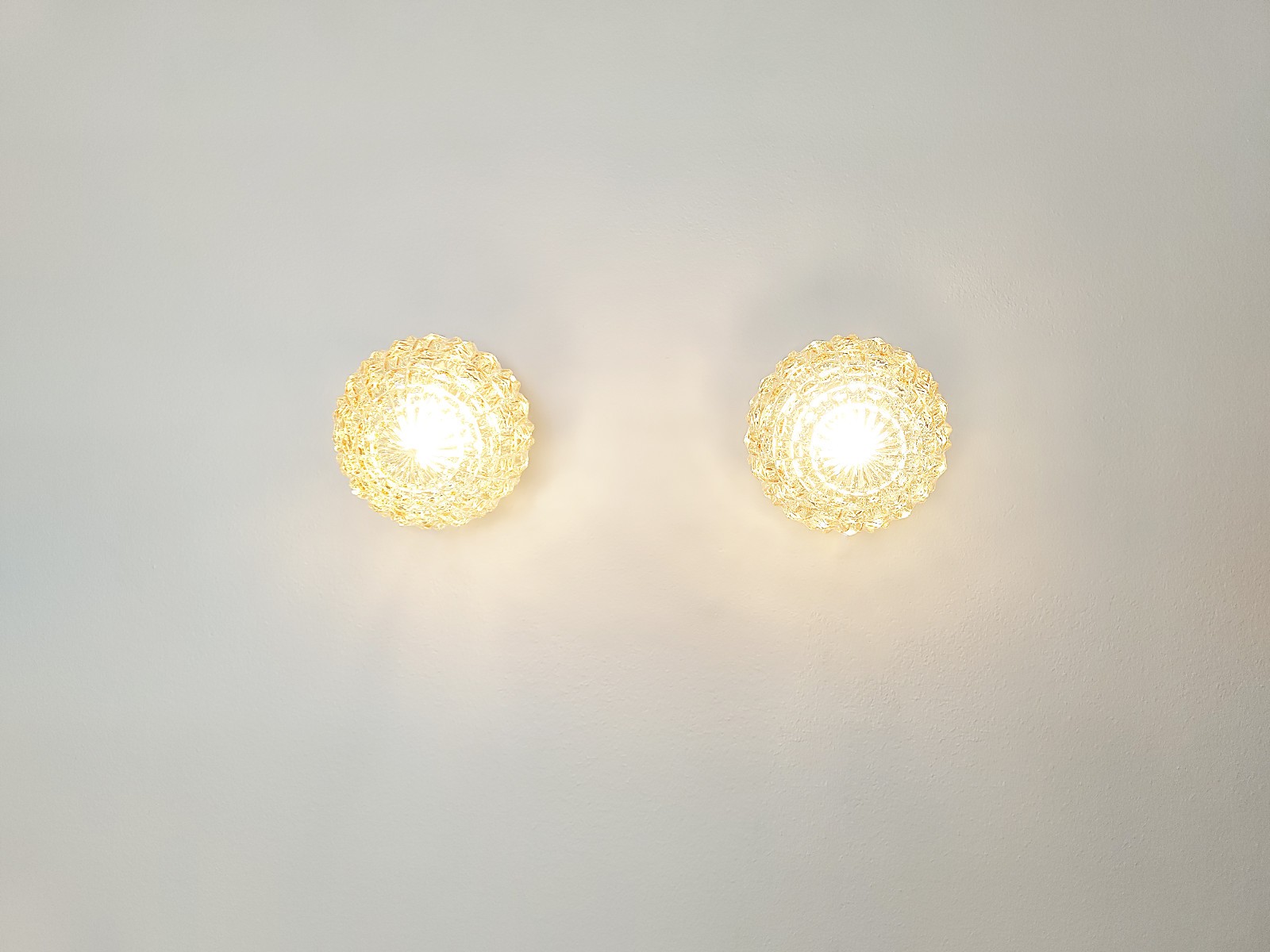 Pair of glass plafonniers, wall lamps, Scandinavian mid century lighting, 1960s