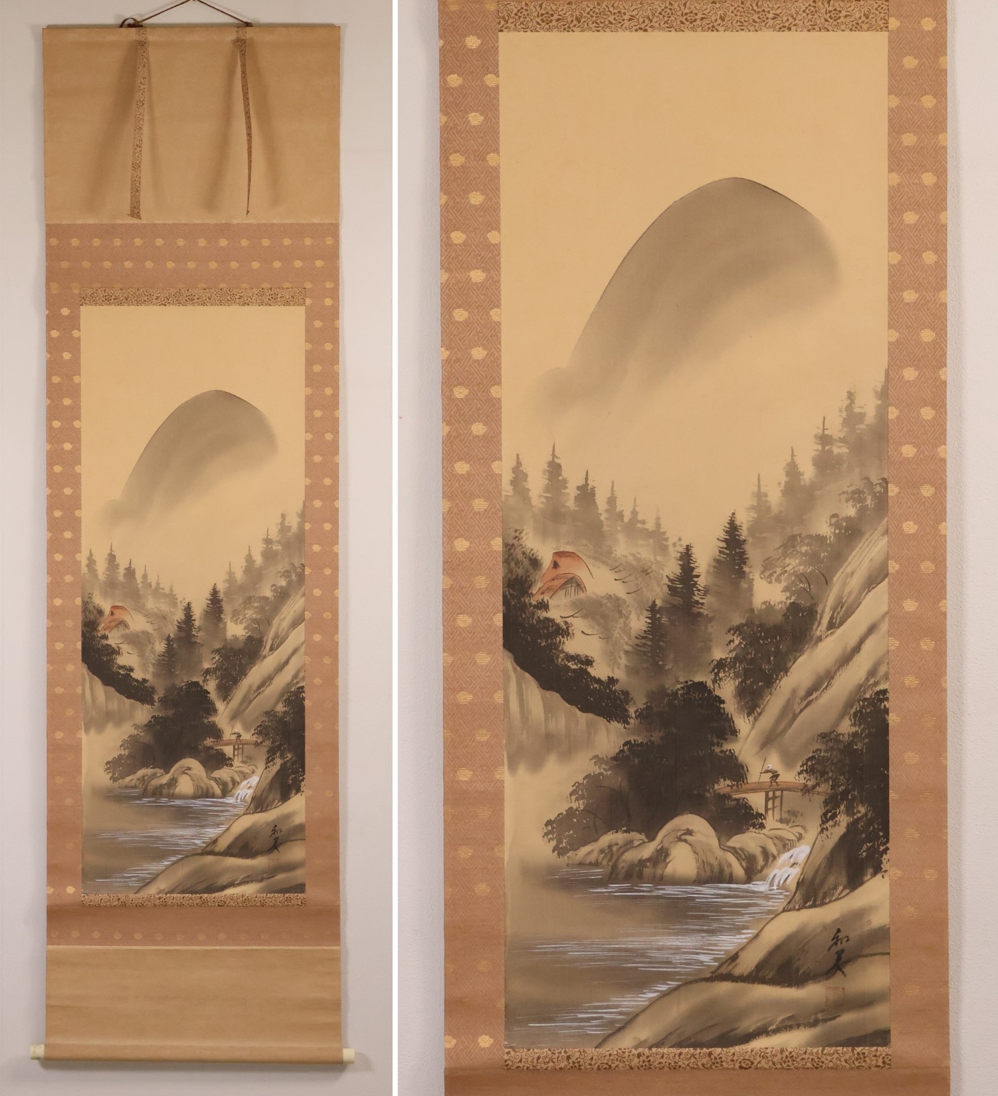 Japanese Hanging Scroll Hand Painted Misty Mountain Landscape KAKEJIKU By Kazumi
