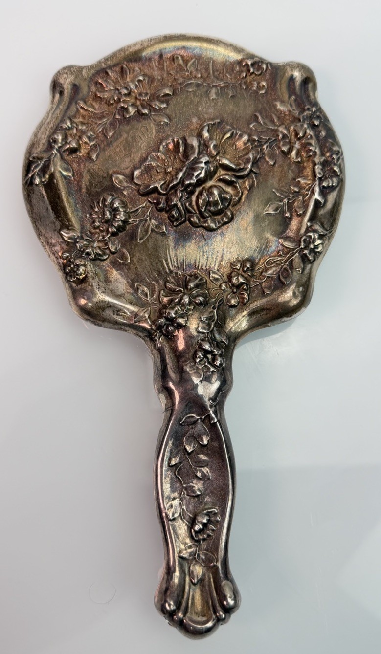 Antique Art Nouveau Sterling Silver Hand Mirror w/Flowers – 462 grams
