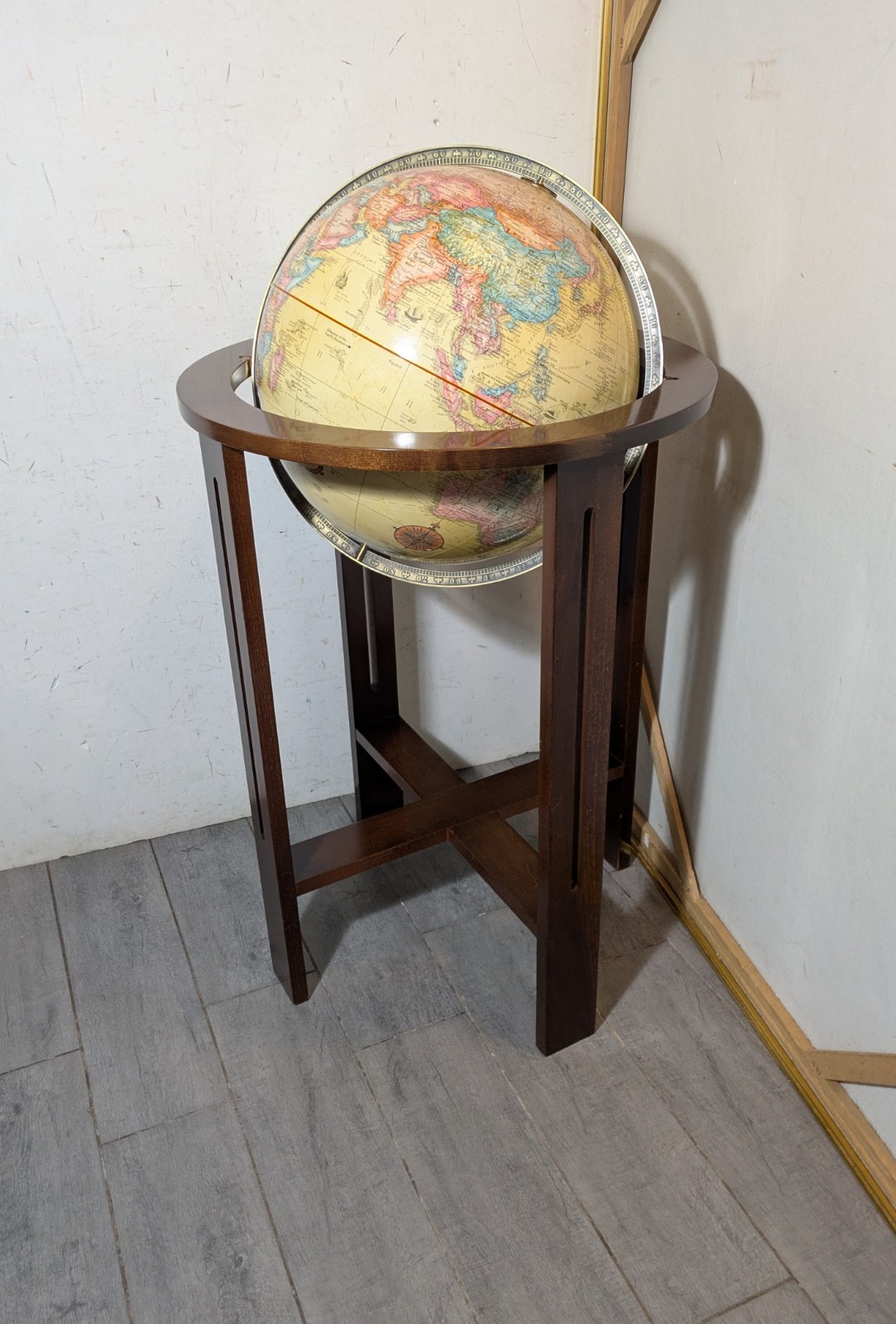 Replogle 16″ World Globe Floor Stand Cherry Wood Mission Base USA Brass 2000s