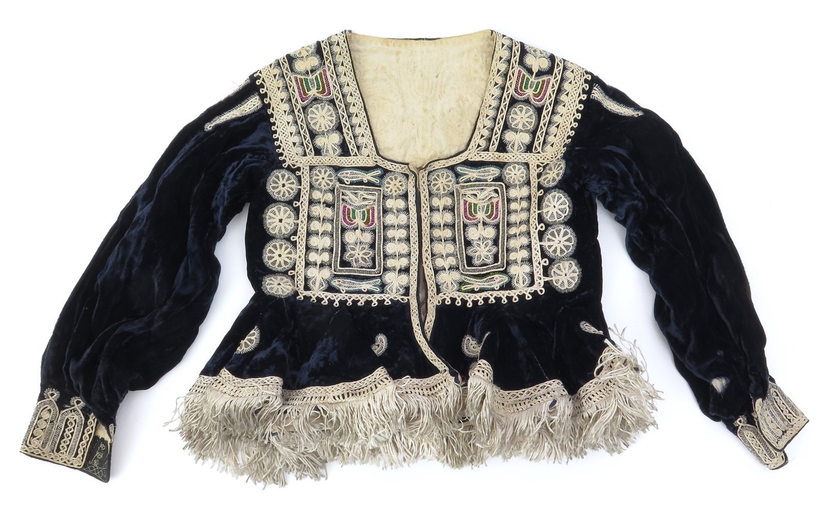Antique Bolivian Embroidered Glass Bead Velvet Fringed Authentic Festival Jacket