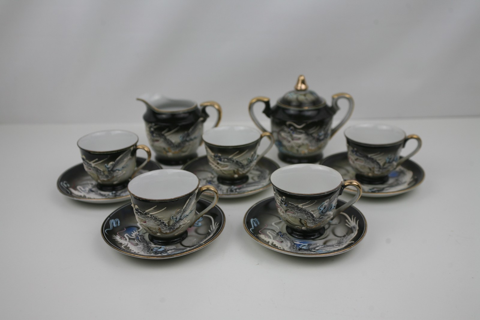 Vintage(pre 1940)Japanese Moriage Dragonware Espresso Coffee Set(5) Lithophane