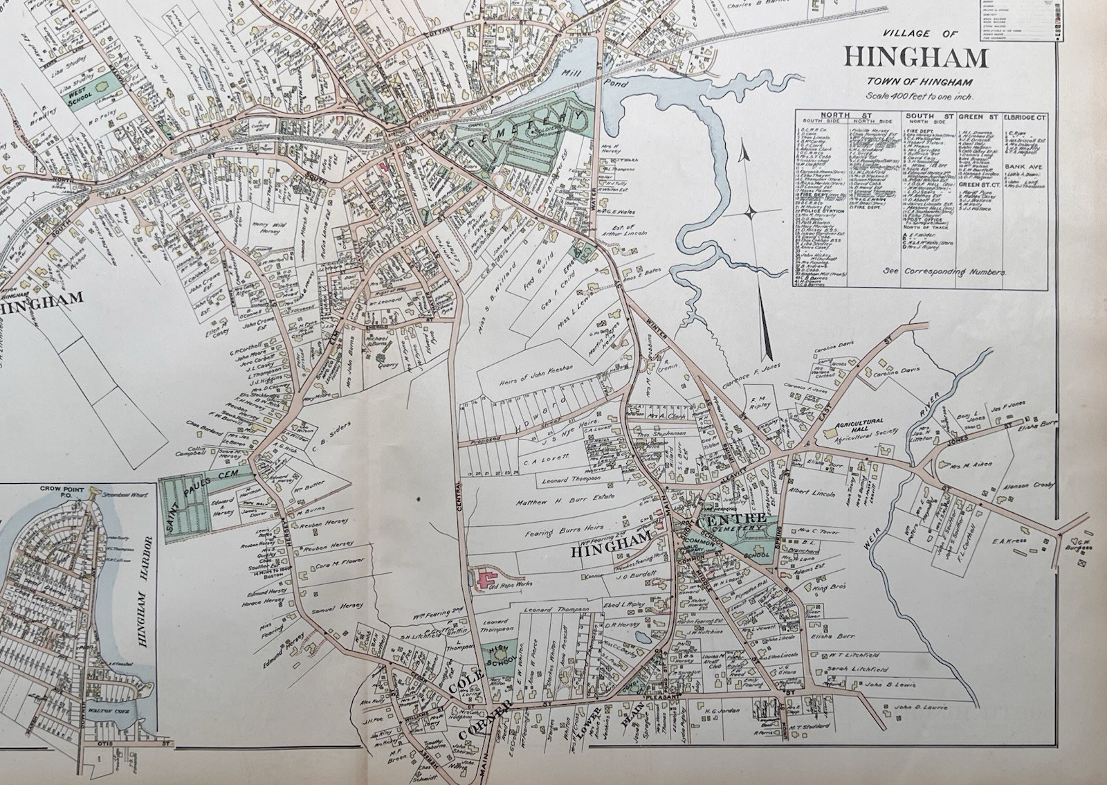 Orig 1903 Hingham Map,Centre,Harbor,Mill Cushing Pond,Broad Cove,Crow Pt,MA Mass
