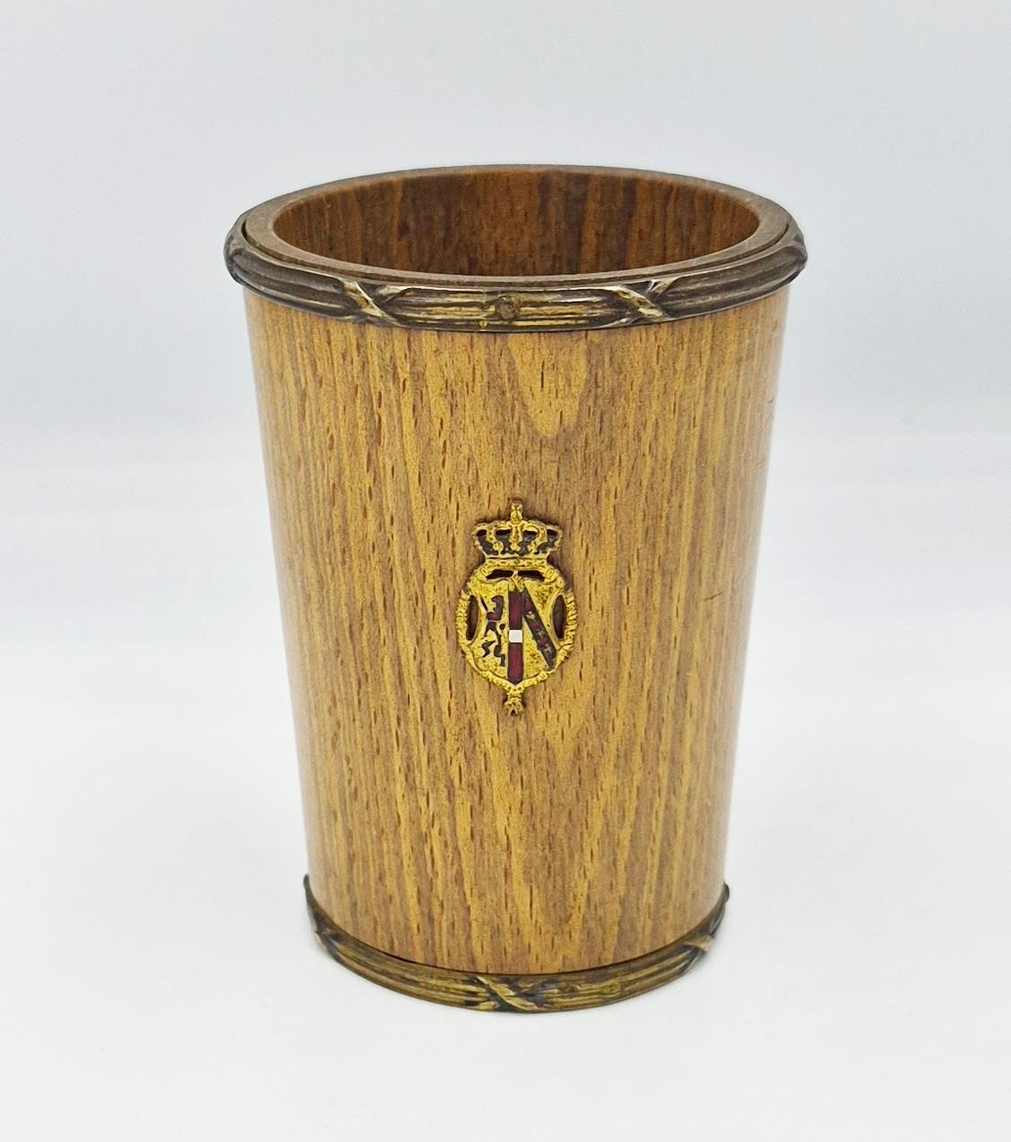 ANTIQUE FRENCH GILT METAL CRESTED DICE SHAKER CUP c1890