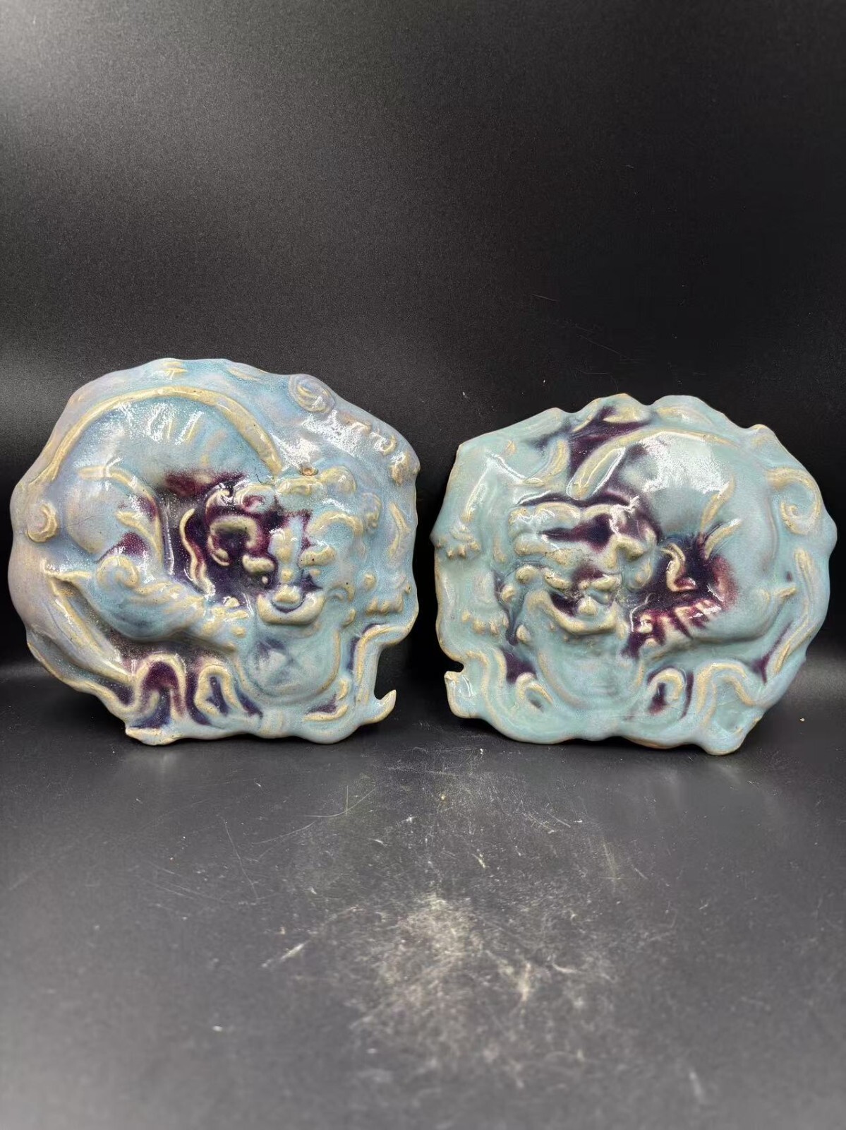 5.91 inch Chinese antique Jun kiln lion pair
