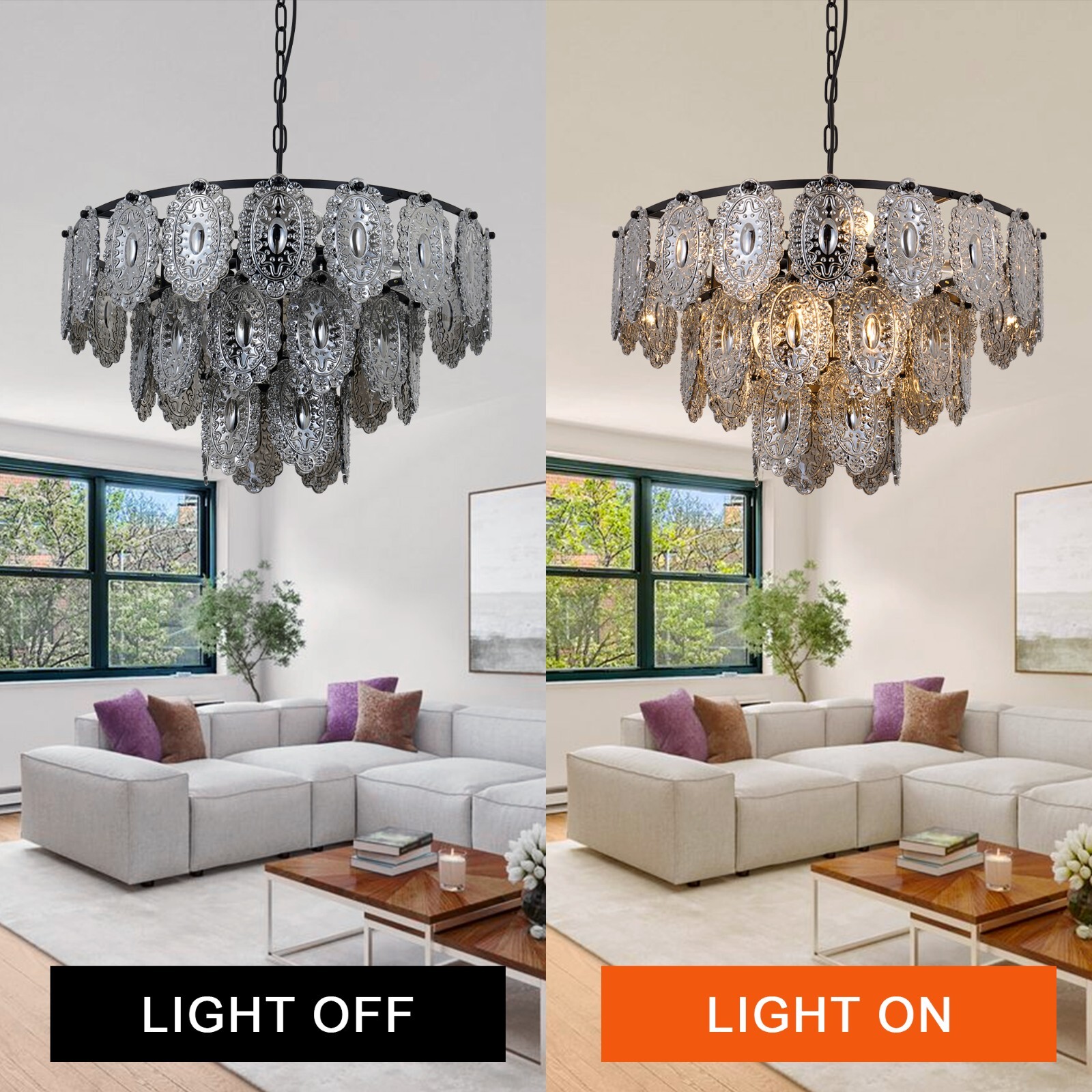 23.6″ Vintage Glass Shield Chandeliers 8-Light 3-Layer Gray Crystal Pendant Lamp