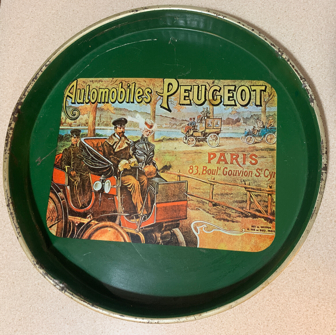Vintage Peugeot Paris Nevco Automobiles Round Serving Tray made in Hong Kong Tin