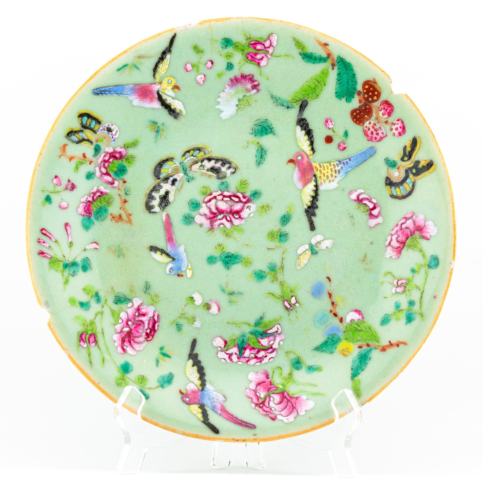Chinese Tongzhi Porcelain Canton Rose Plate Celadon Gilt Blue Qing Marked 19C