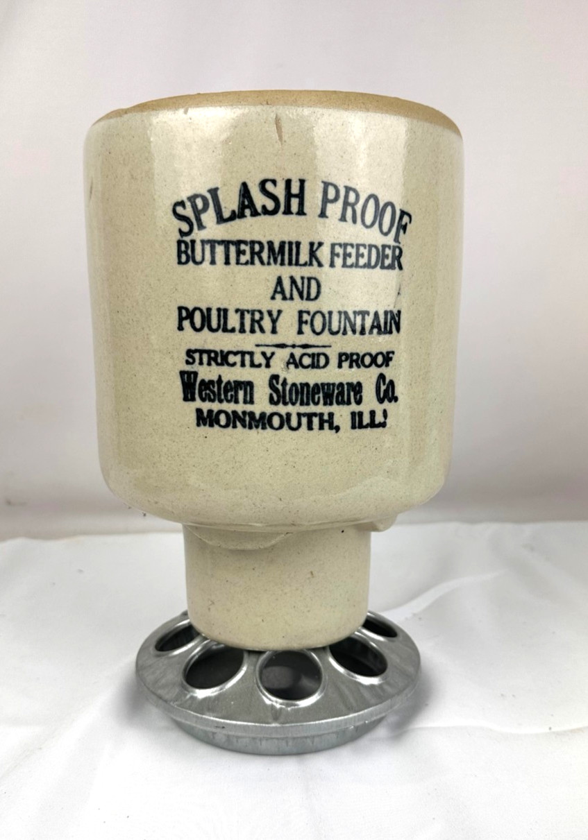 Antique Western Stoneware Splash Proof Buttermilk Chicken Feeder Waterer