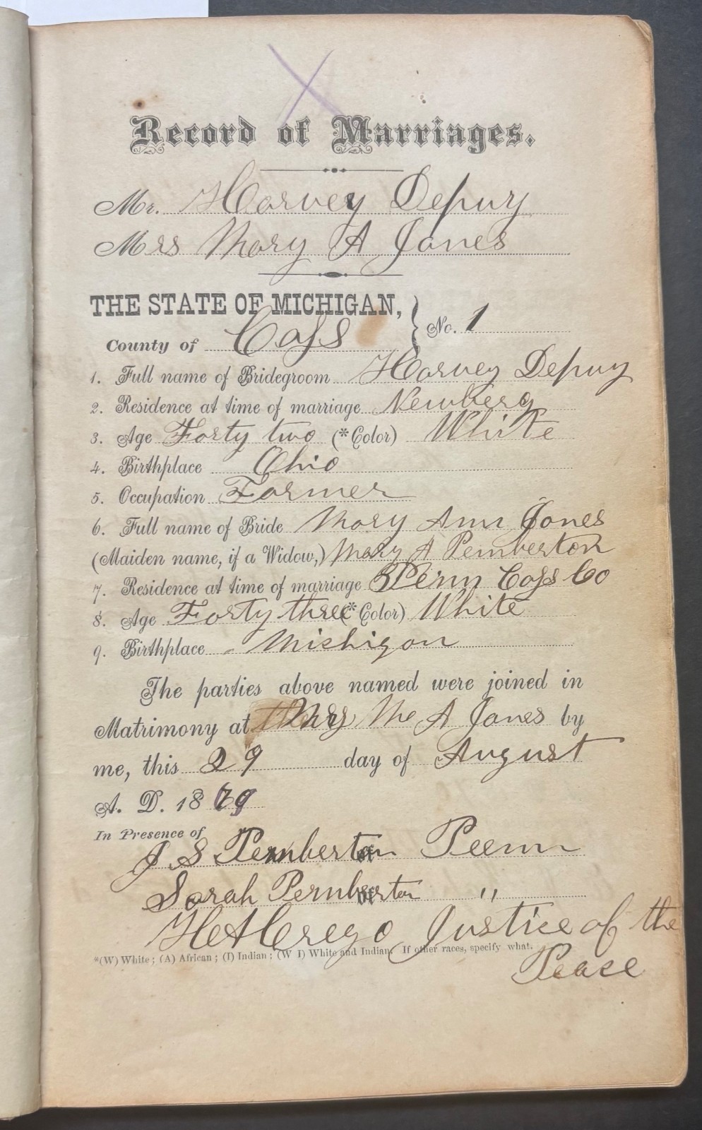 Antique 1869 Cass MICHIGAN Justice of Peace MARRIAGE RECORDS w AFRICAN AMERICANS