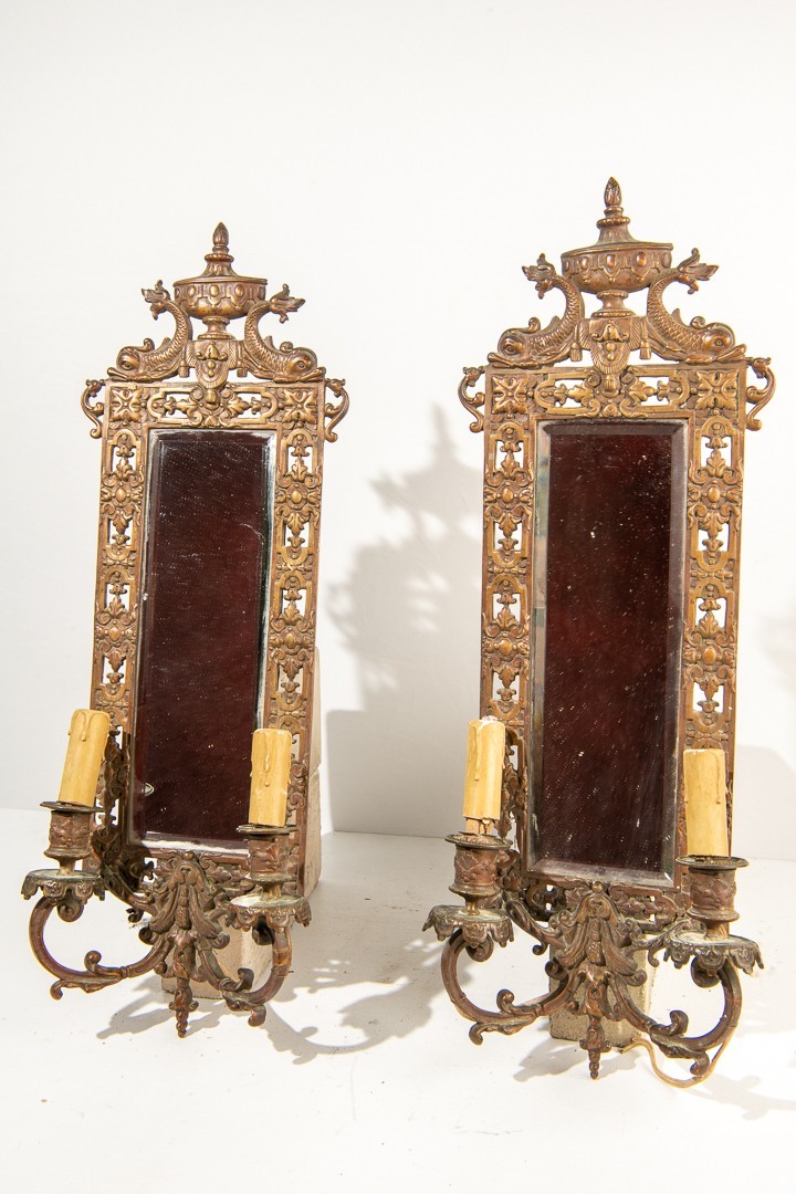 Pair 19th Century Gilt Bronze Girandole Sconce Mirrors With Candelabra 23″ H