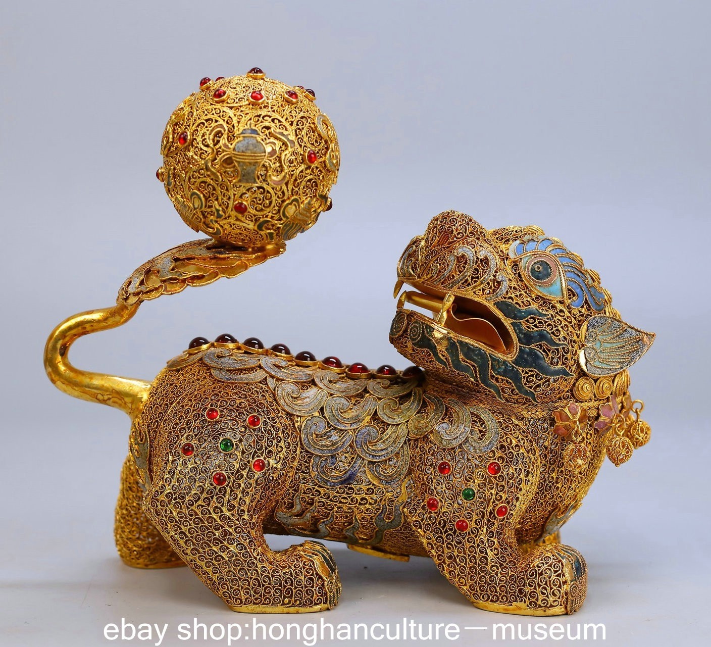 9.4″ Old Chinese Copper 24K Gold Gilt Dynasty Palace Lion Beast Ball Statue