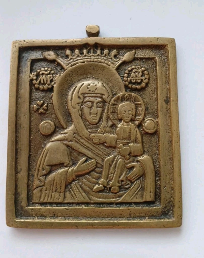 ANTIQUE RUSSIAN BRONZE TRAVEL ICON WITH KAZAN VIRGIN AND CHILD /18th Century/