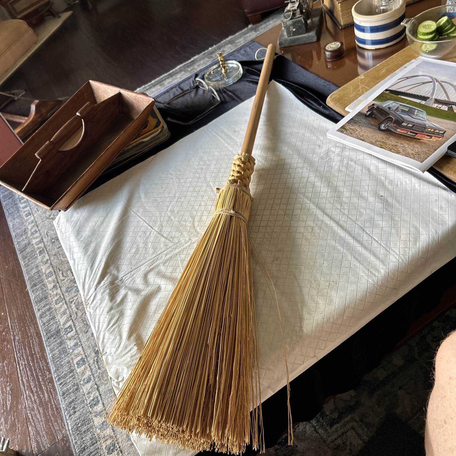Vintage Handmade Artisan Woven Straw Hearth Broom Wood Handle 38”