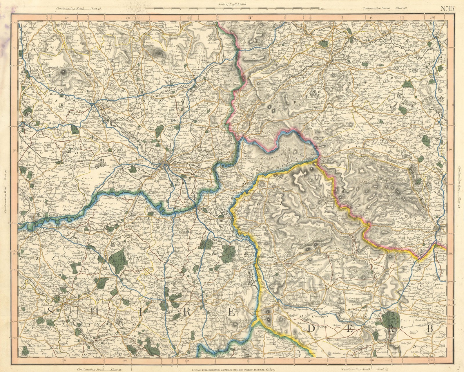 PEAK DISTRICT. Derbyshire Lancashire Cheshire Yorkshire Manchester CARY 1832 map
