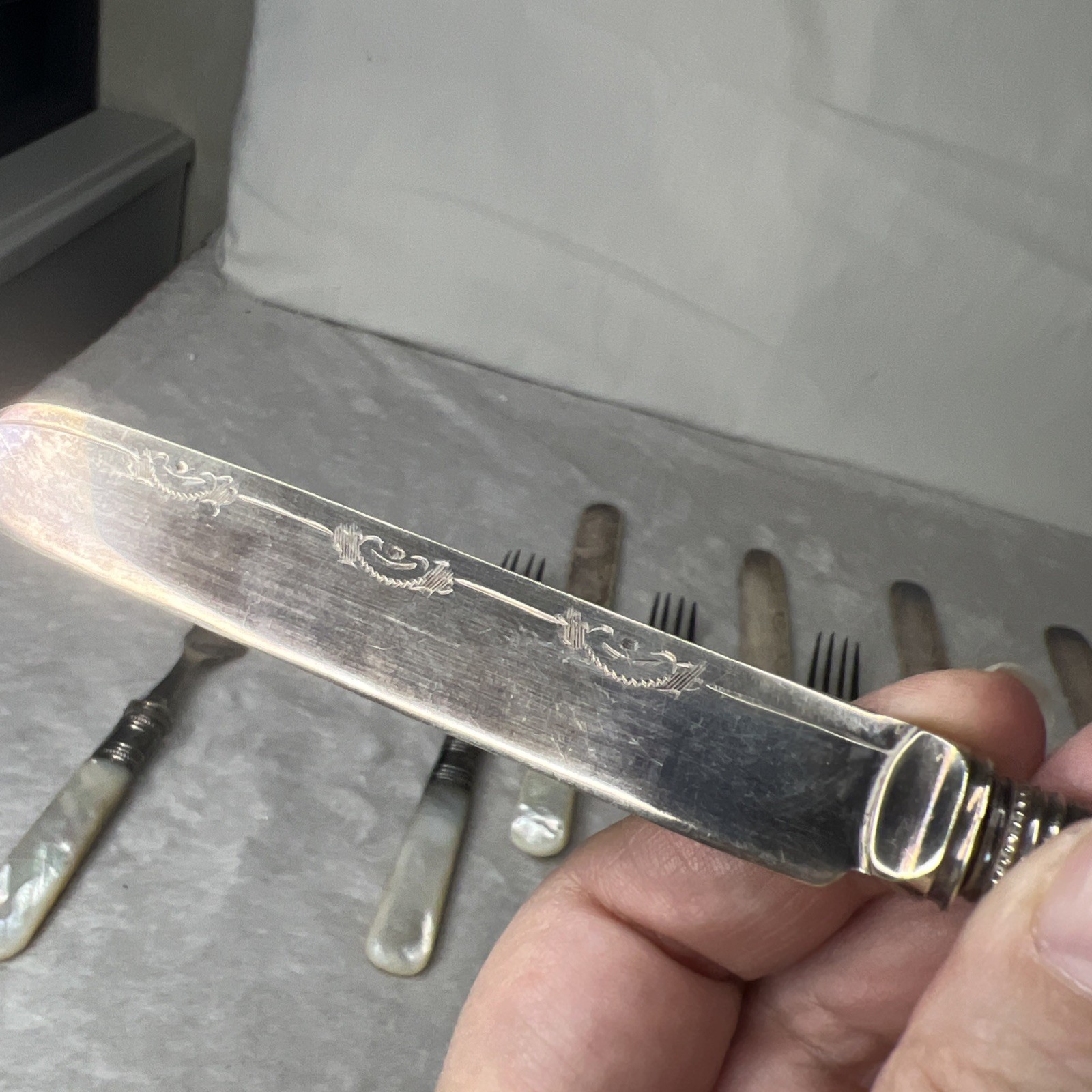 Lot Set 12 Mother of Pearl Fish Knives Forks Sterling Band Ferrule Storage Cloth