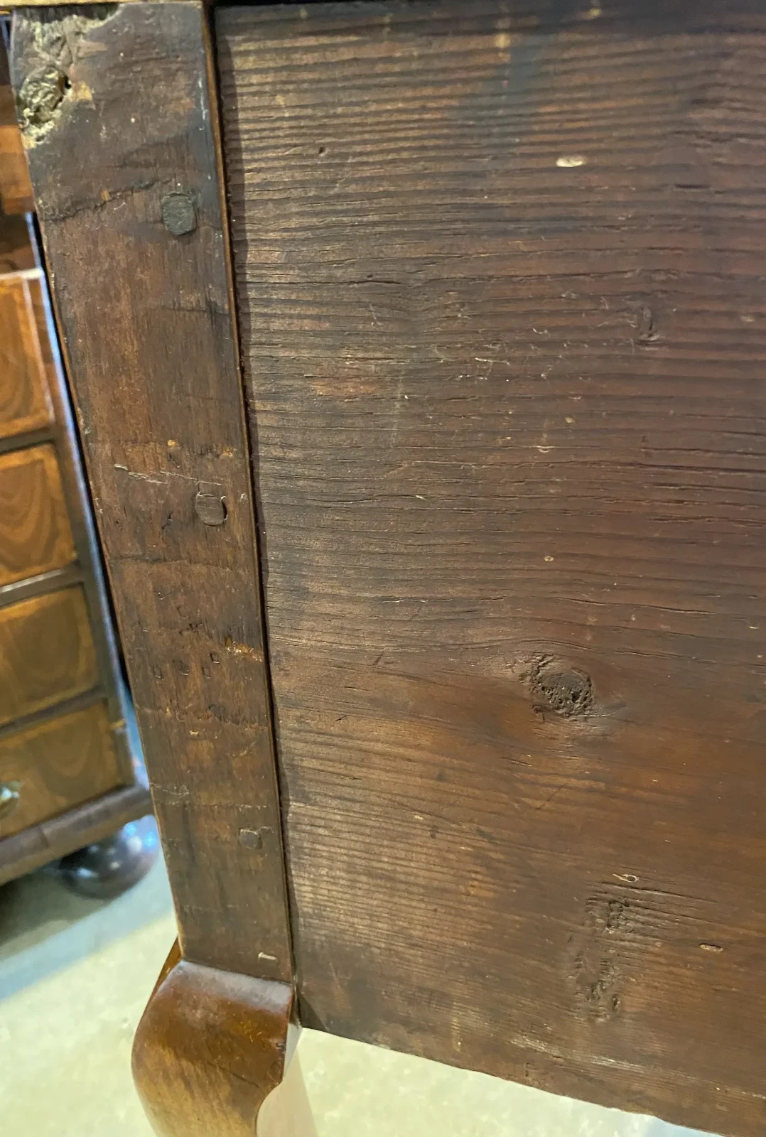 18th c New England Queen Anne Tiger Maple Highboy Base