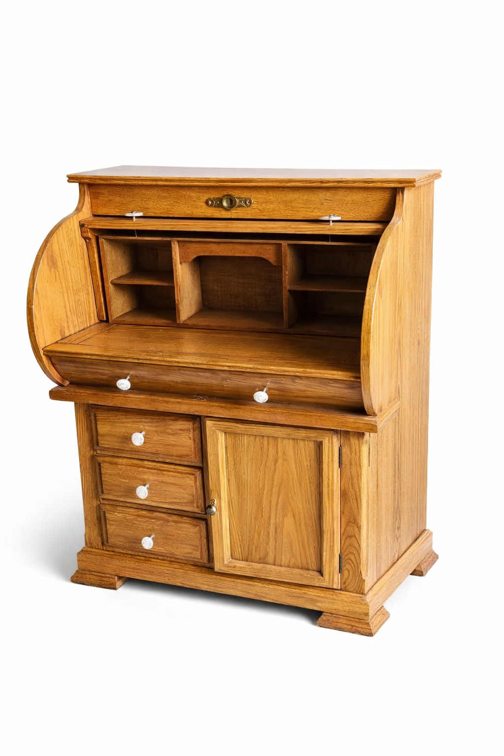 Vintage Oak Roll Top Desk Petite Secretary Tambour Solid Wood Storage Home Offic