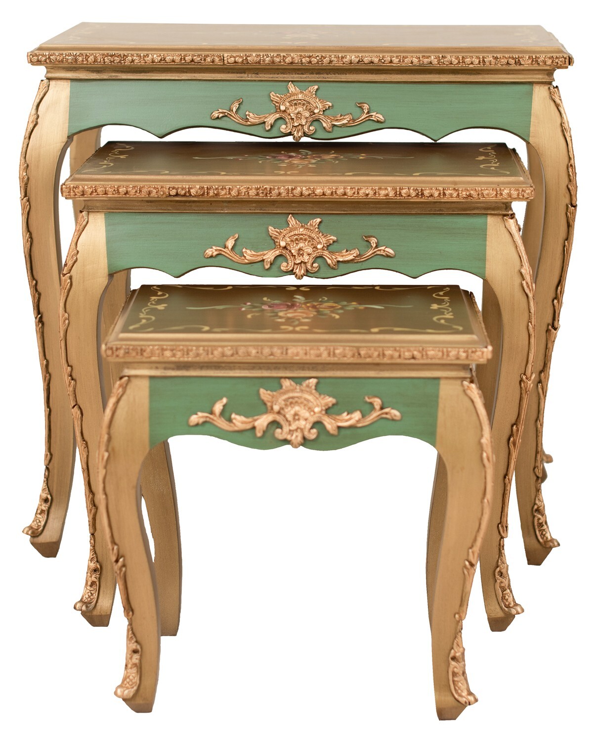 Handcrafted Three-Piece Table Macau M032/ 64X39X62.5 Cm Green Antique