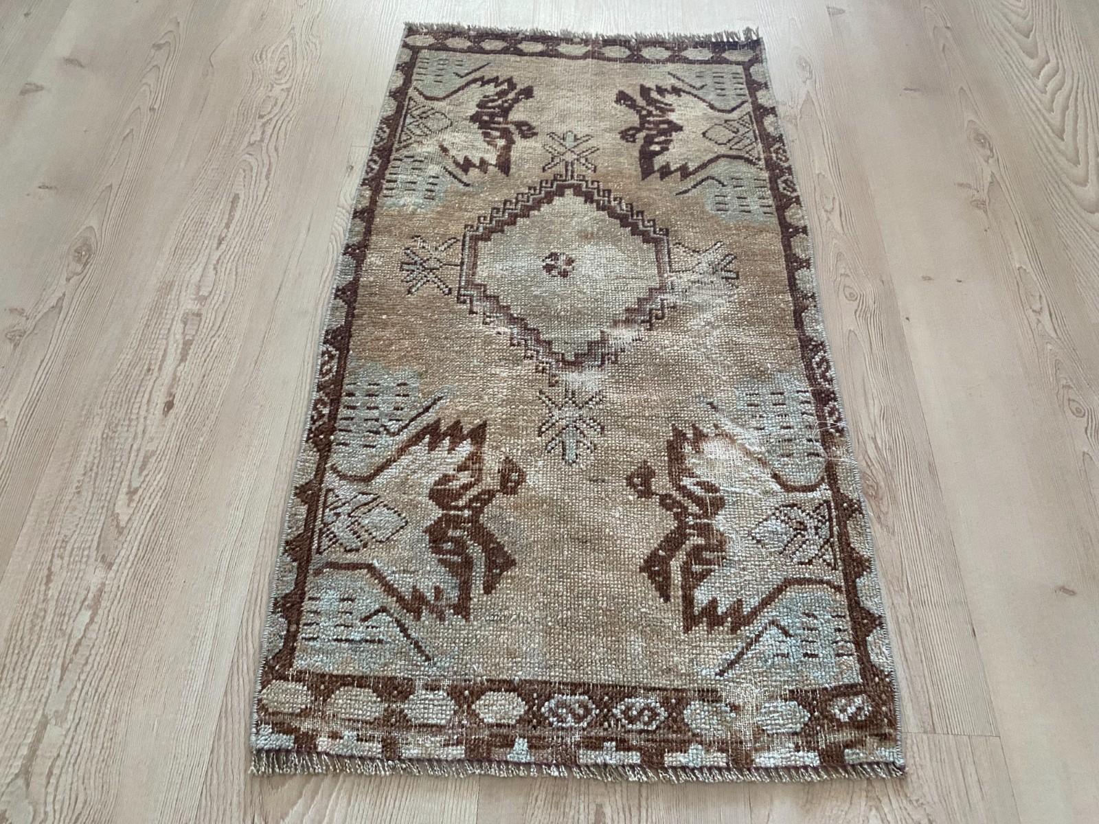Vintage Turkish Narrow Small Rug 1.5×2.7 ft Handwoven Wool