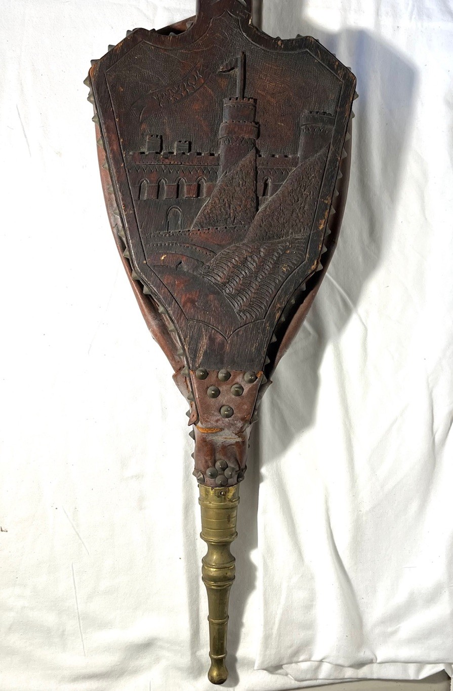 Antique Victorian Fireplace Bellows – Warwick Castle Motif, Circa 1800’s