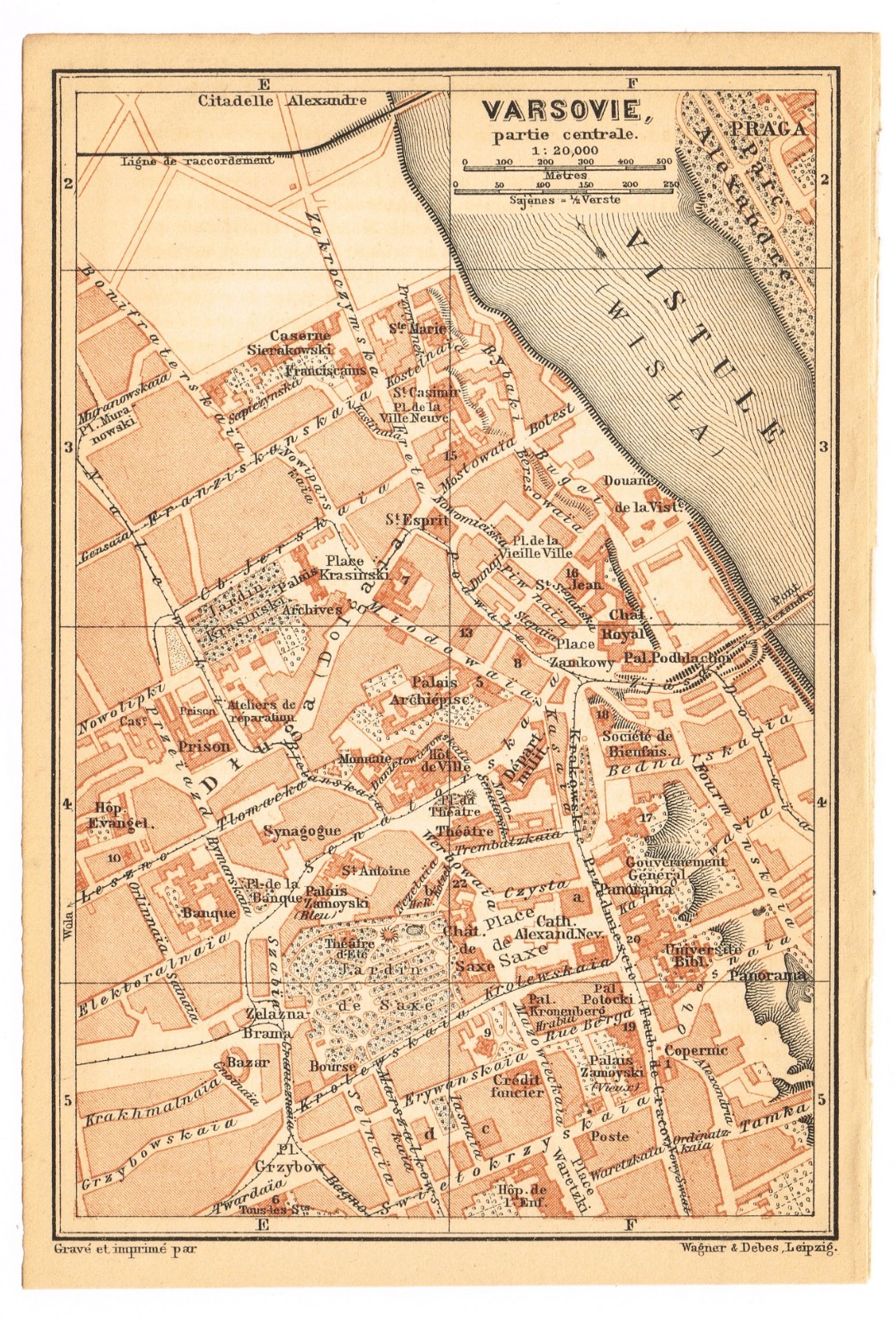 WARSAW inner city Original map 1893 ANTIQUE Warszawa POLAND French & Pol.