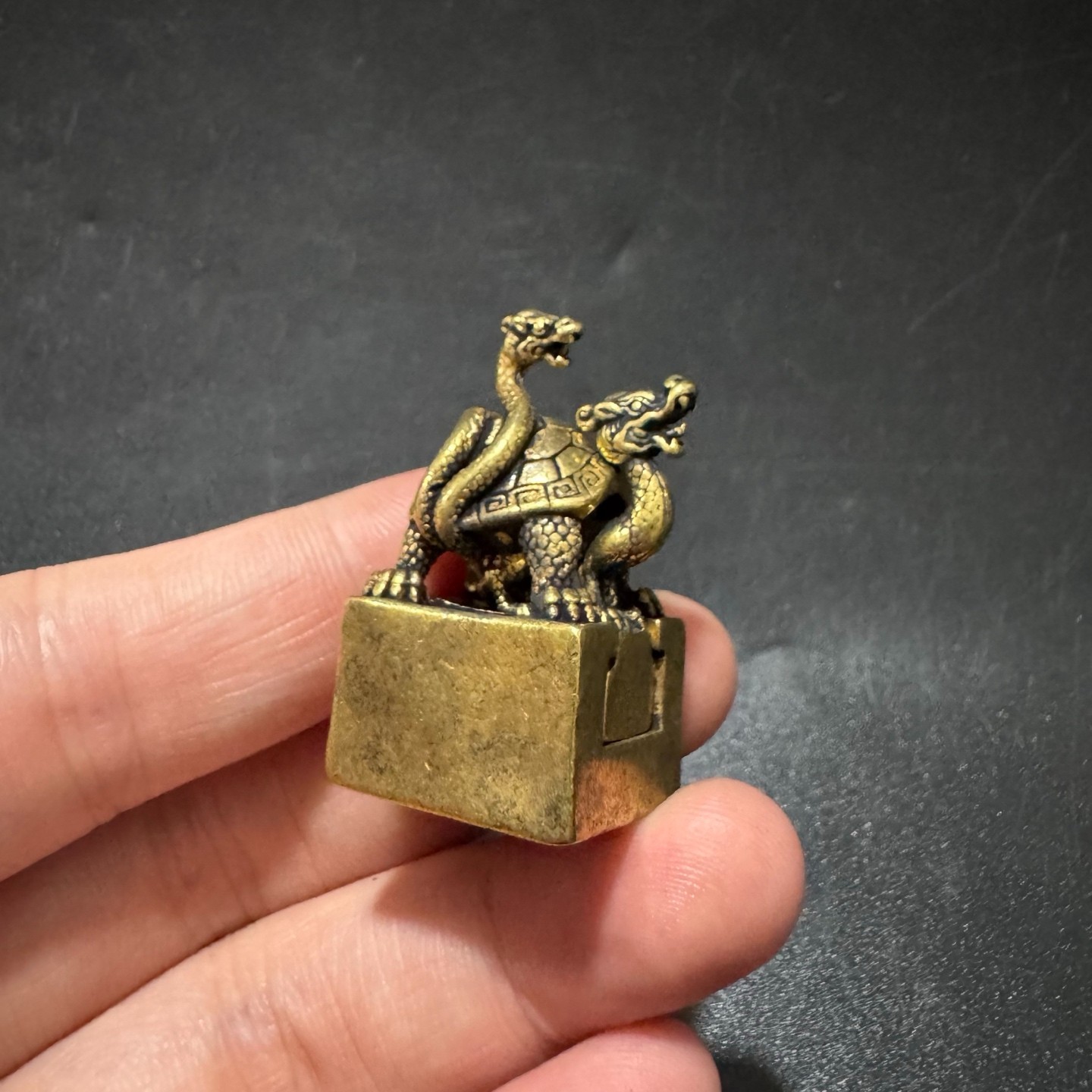 Old Chinese Xuanwu Bixie Twin Seal Set Mini Carved Mythical Beast Desk Ornament