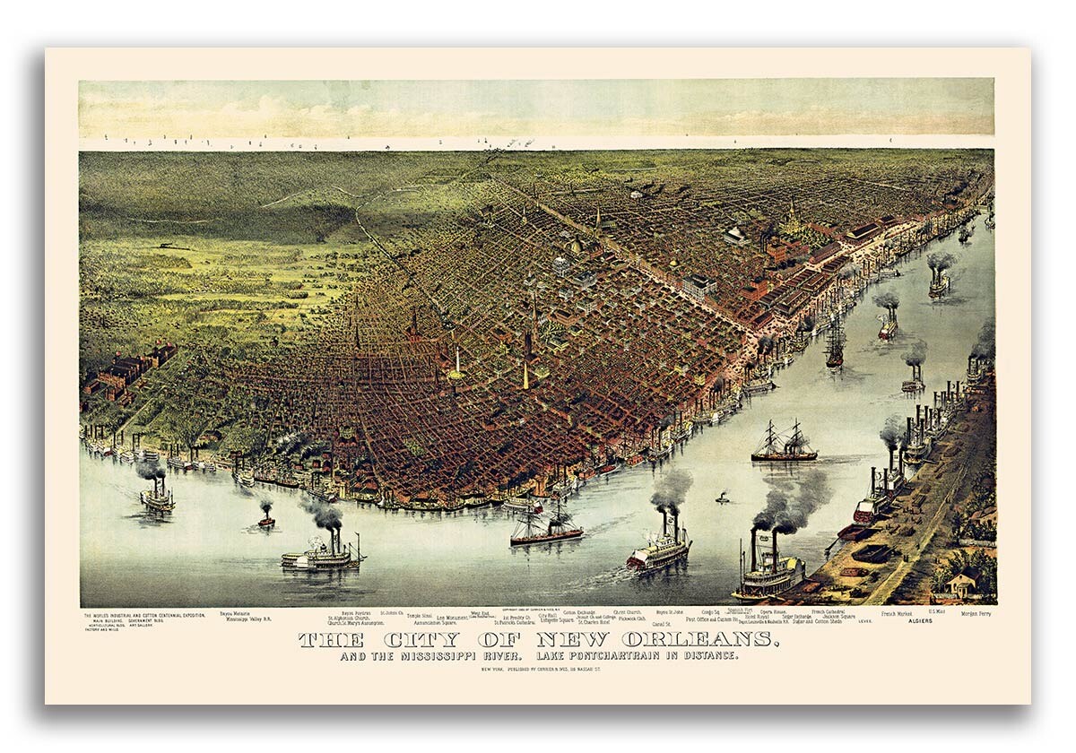 Bird’s Eye View 1885 New Orleans Louisiana Vintage Style City Map – 24×36
