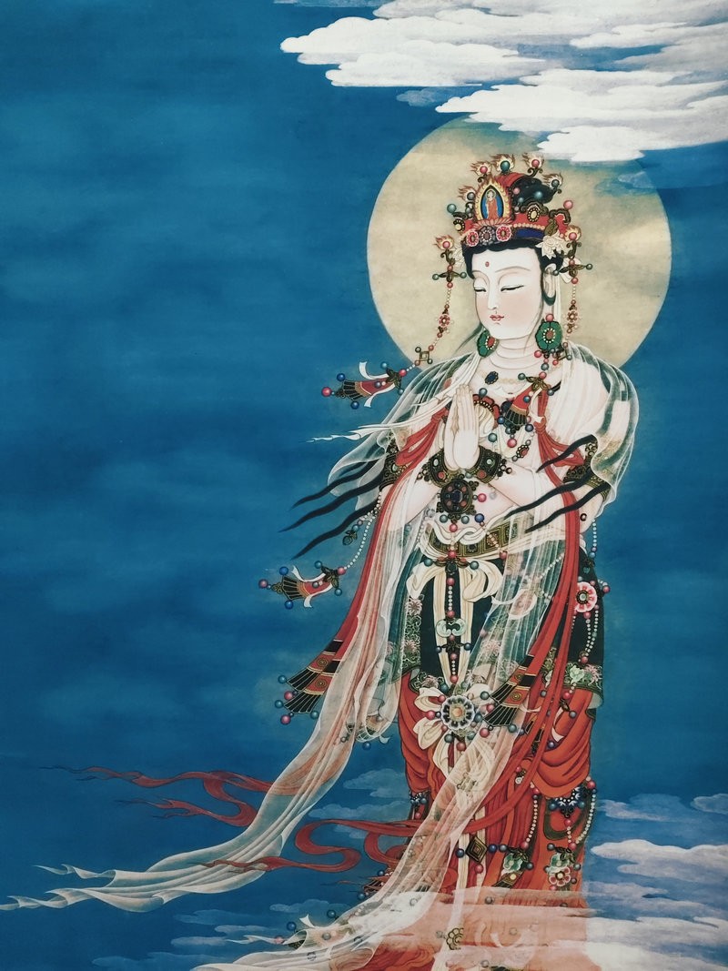 Chinese Old Painting Scroll Silk Guanyin Portrait By Zhang Daqian 张大千 大悲观世音图