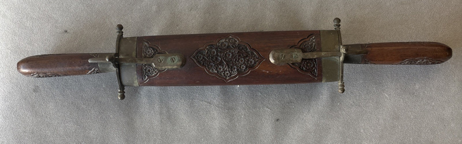 Antique Hand Carved Indian Wood and Brass Knife & Fork Cutlery Carving Set VTG