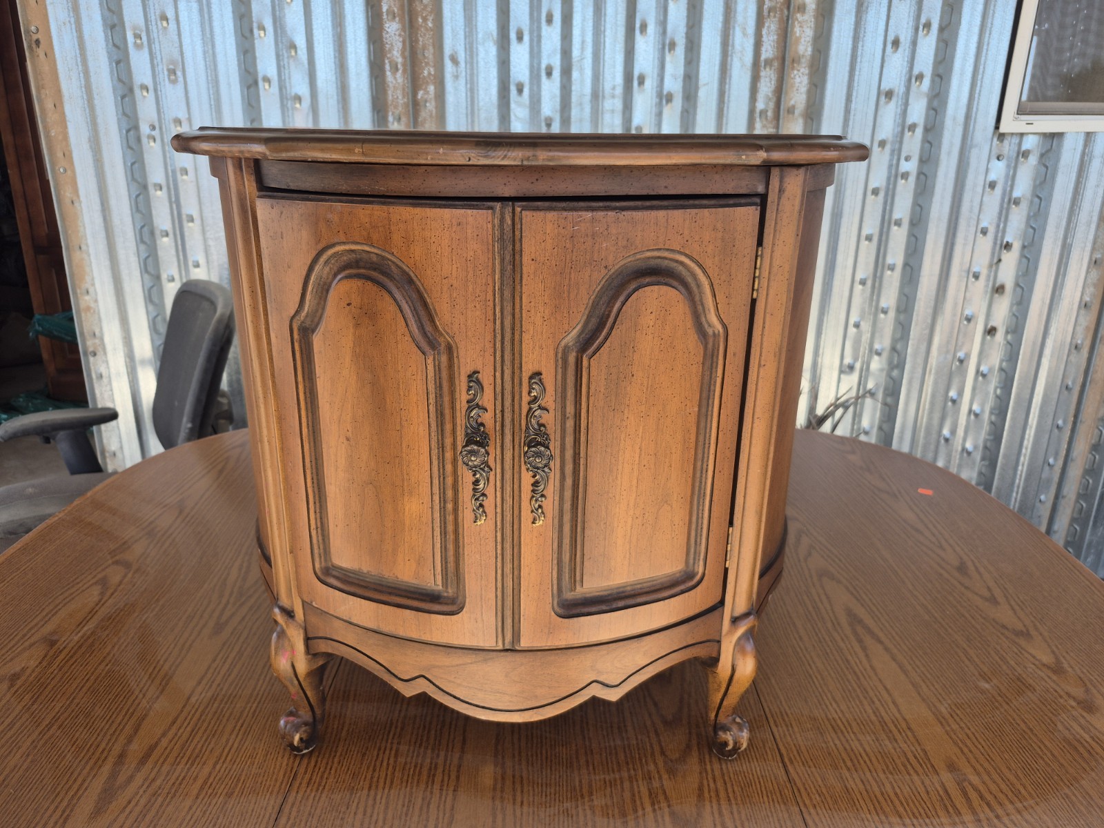 Antique Wood Bedside Cabinet Brown Raised Panel Doors Carvings 24x16x21in